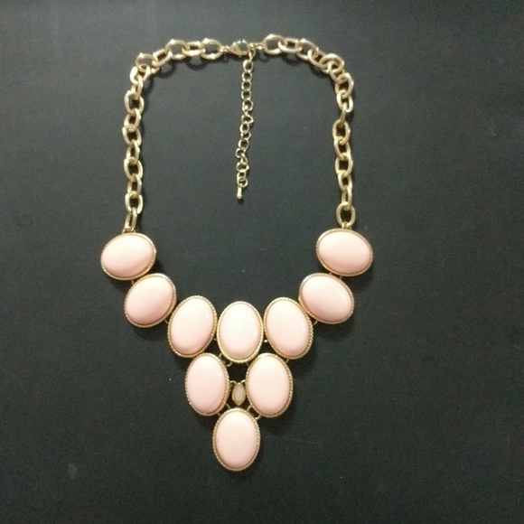 Gold Tone Light Pastel Pink Cabochon Bib Style Statement Necklace - Picture 1 of 2